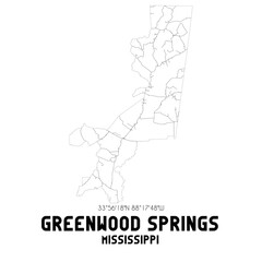 Greenwood Springs Mississippi. US street map with black and white lines.