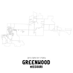 Greenwood Missouri. US street map with black and white lines.