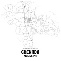 Grenada Mississippi. US street map with black and white lines.