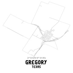 Gregory Texas. US street map with black and white lines.