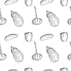 Vegan food vegetables seamless pattern vector illustration, hand drawing