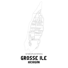Grosse Ile Michigan. US street map with black and white lines.