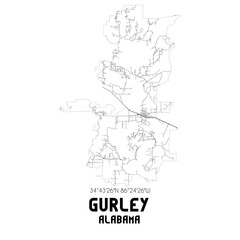 Gurley Alabama. US street map with black and white lines.
