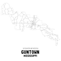 Guntown Mississippi. US street map with black and white lines.