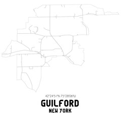 Guilford New York. US street map with black and white lines.