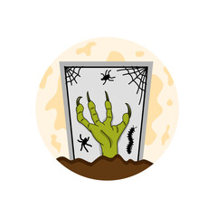 Halloween hand coming from grave on moon circle illustration icon