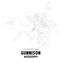 Gunnison Mississippi. US street map with black and white lines.