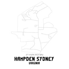 Hampden Sydney Virginia. US street map with black and white lines.