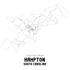 Hampton South Carolina. US street map with black and white lines.