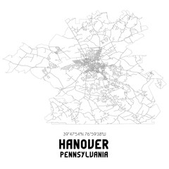 Hanover Pennsylvania. US street map with black and white lines.