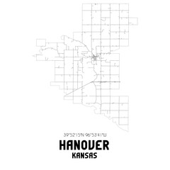 Hanover Kansas. US street map with black and white lines.