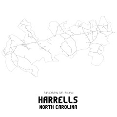 Harrells North Carolina. US street map with black and white lines.