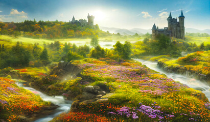 Fantasy nature landscape with a river, a forest and mountains during sunrise