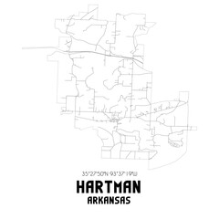Hartman Arkansas. US street map with black and white lines.