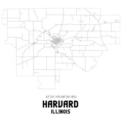 Harvard Illinois. US street map with black and white lines.