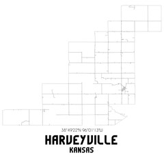 Harveyville Kansas. US street map with black and white lines.