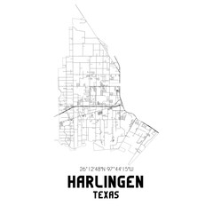 Harlingen Texas. US street map with black and white lines.