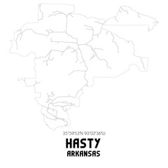 Hasty Arkansas. US street map with black and white lines.
