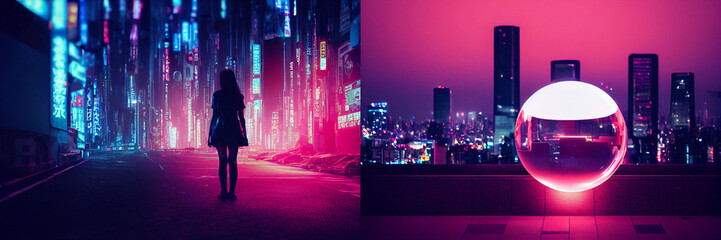 Futuristic cyberpunk city background, background with neon lights, collection