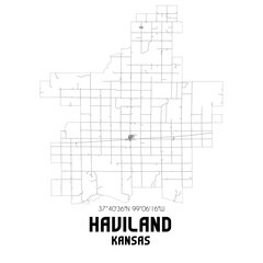 Haviland Kansas. US street map with black and white lines.