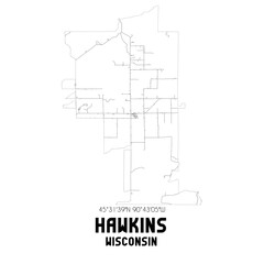 Hawkins Wisconsin. US street map with black and white lines.