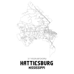 Fototapeta na wymiar Hattiesburg Mississippi. US street map with black and white lines.
