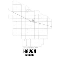 Haven Kansas. US street map with black and white lines.