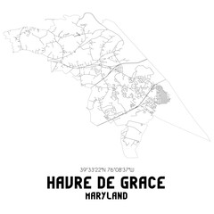 Havre De Grace Maryland. US street map with black and white lines.
