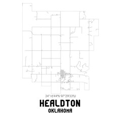 Healdton Oklahoma. US street map with black and white lines.
