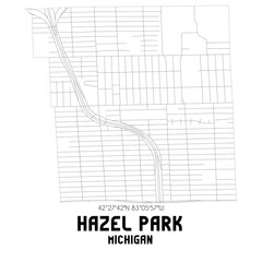 Hazel Park Michigan. US street map with black and white lines.