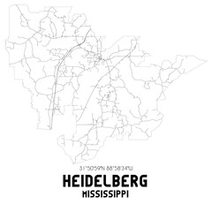 Heidelberg Mississippi. US street map with black and white lines.