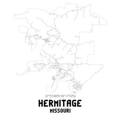 Hermitage Missouri. US street map with black and white lines.