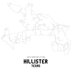Hillister Texas. US street map with black and white lines.