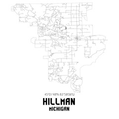 Hillman Michigan. US street map with black and white lines.