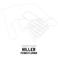 Hiller Pennsylvania. US street map with black and white lines.