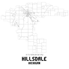 Hillsdale Michigan. US street map with black and white lines.