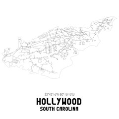 Hollywood South Carolina. US street map with black and white lines.
