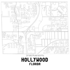 Hollywood Florida. US street map with black and white lines.