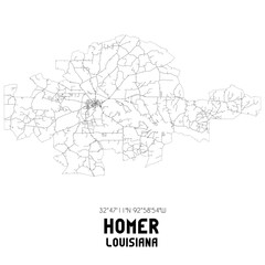 Homer Louisiana. US street map with black and white lines.