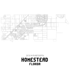 Homestead Florida. US street map with black and white lines.