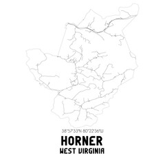 Horner West Virginia. US street map with black and white lines.