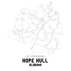 Hope Hull Alabama. US street map with black and white lines.