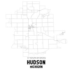 Hudson Michigan. US street map with black and white lines.