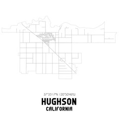 Hughson California. US street map with black and white lines.