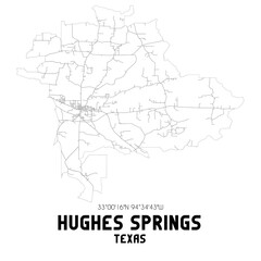 Hughes Springs Texas. US street map with black and white lines.