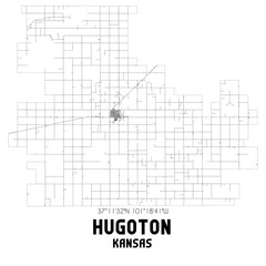 Hugoton Kansas. US street map with black and white lines.