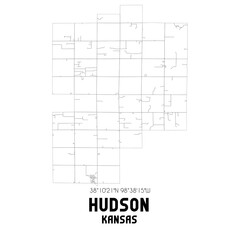 Hudson Kansas. US street map with black and white lines.