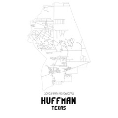 Huffman Texas. US street map with black and white lines.