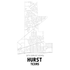 Hurst Texas. US street map with black and white lines.