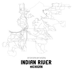 Indian River Michigan. US street map with black and white lines.